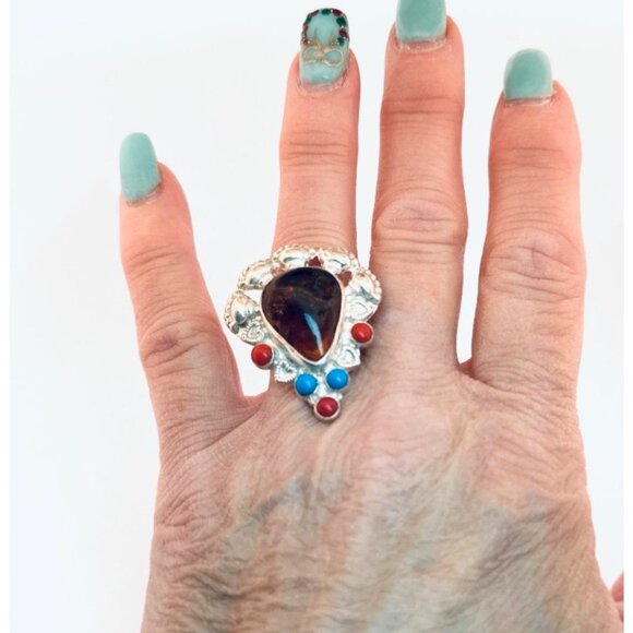 925 Sterling Silver Statement Ring Amber Turquoise Coral Inlay Size 8 Estate - Picture 5 of 11